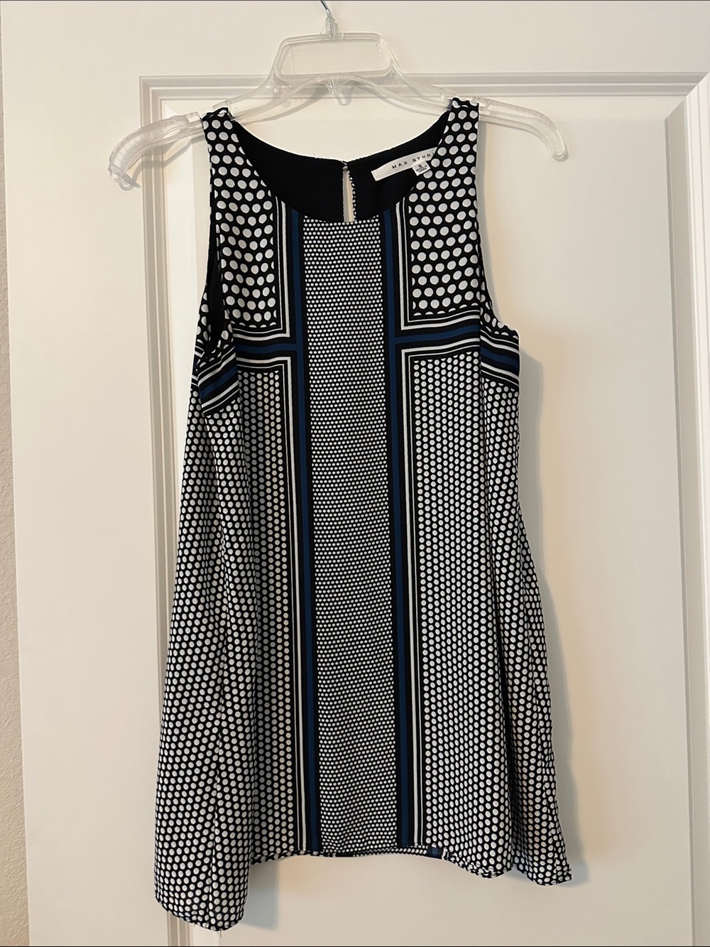 EUC Sz S Max Studio Black, White & Blue Geometric Sleeveless Lined Tunic